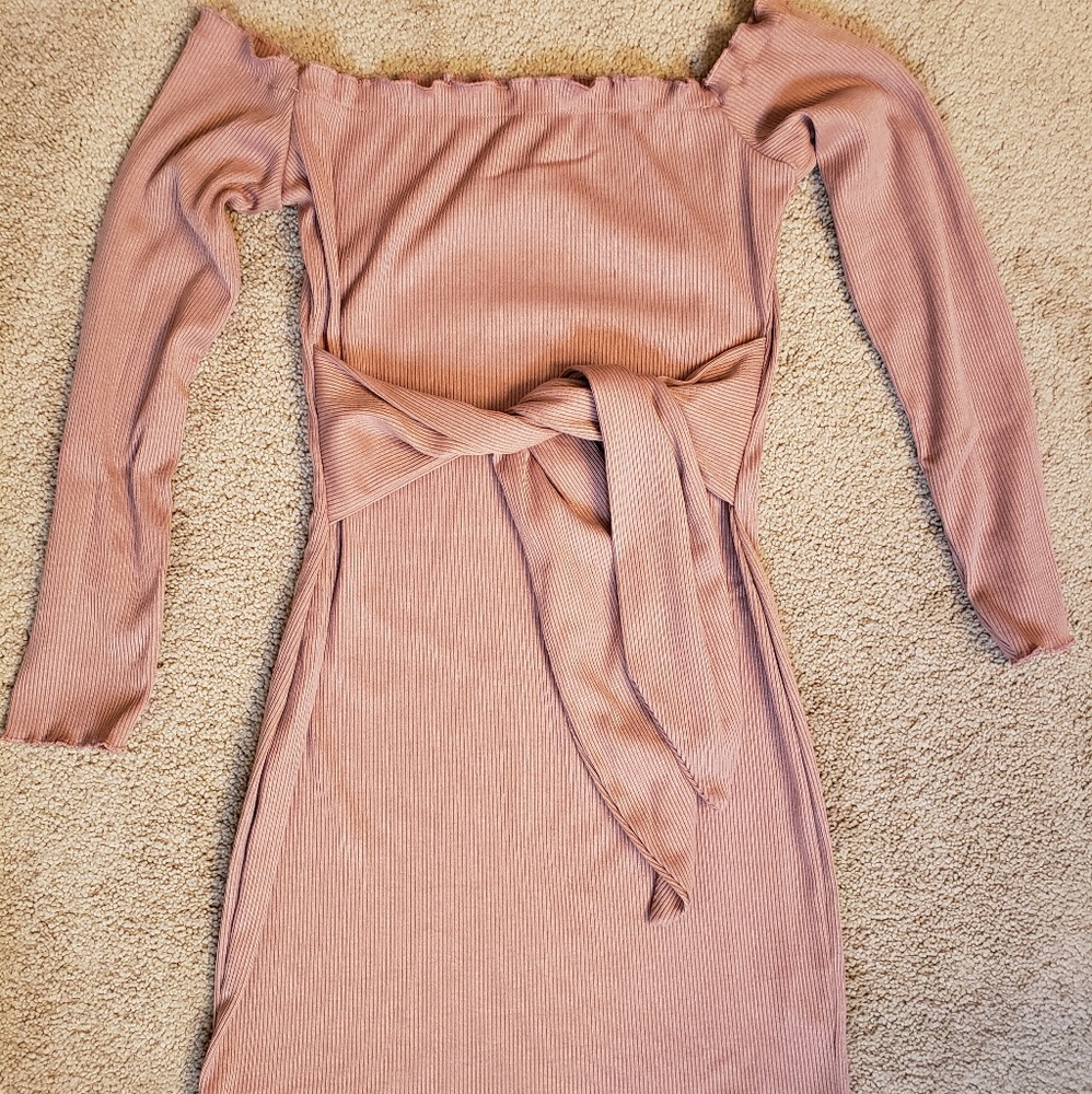Shop Hope's light pink off the shoulder dress
